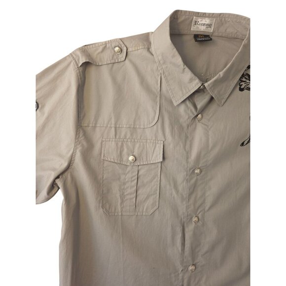 Russo Spirit Shirt Men 3XL Gothic Crest Wing Graphic Btn Up Y2K Affliction Style - Picture 7 of 12